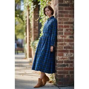 Vintage TALBOTS Petite Blue Plaid Long Sleeve Dress Midi 10